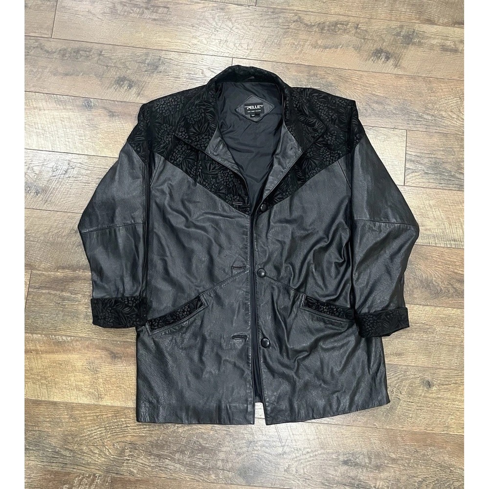 Vintage Pelle Floral Leather Coat Jacket - Black -‎ Women XL
